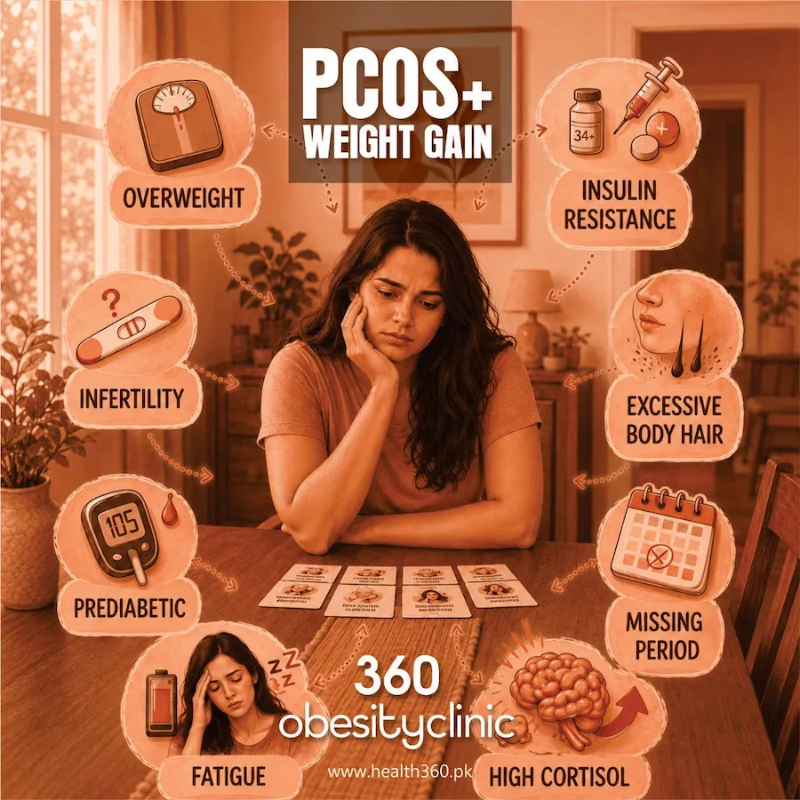 PCOS symptoms - overweight, insulin resistance, infertility, missing period, fatigue, high cortisol at 360 Obesity Clinic