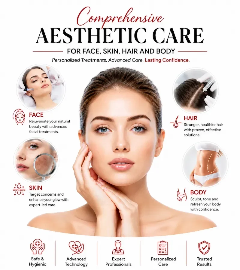 Woman showcasing comprehensive aesthetic care for face, skin, hair and body at Health360 aesthetic clinic